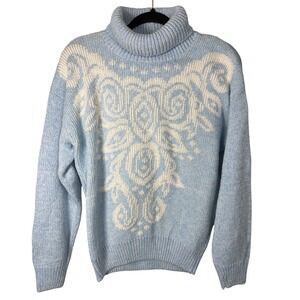 Modemoiselle Womens Vintage Blue White Knit Cottagecore Cowl Neck Sweater Medium